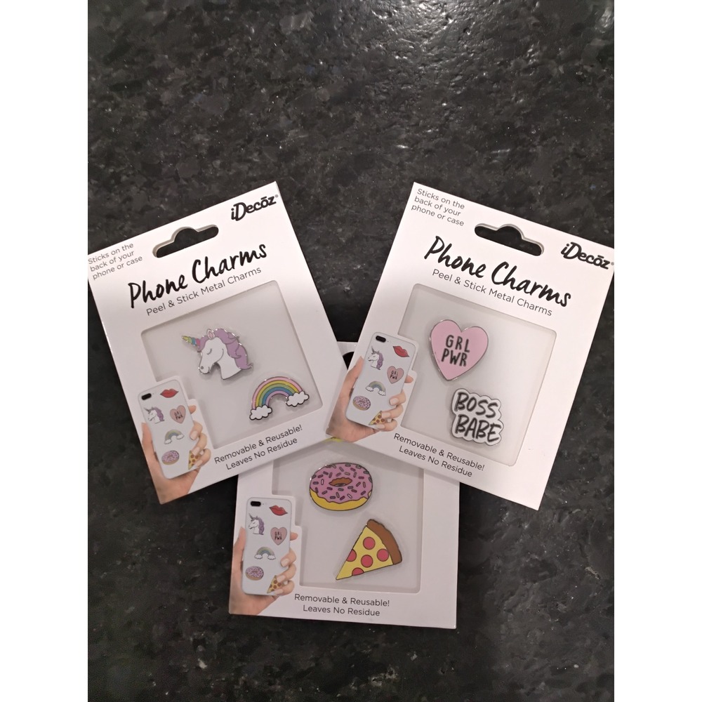 iDecoz Phone Charms Peel & Stick Metal Charms Unicorn Donut Boss Babe 3 Pack NIP